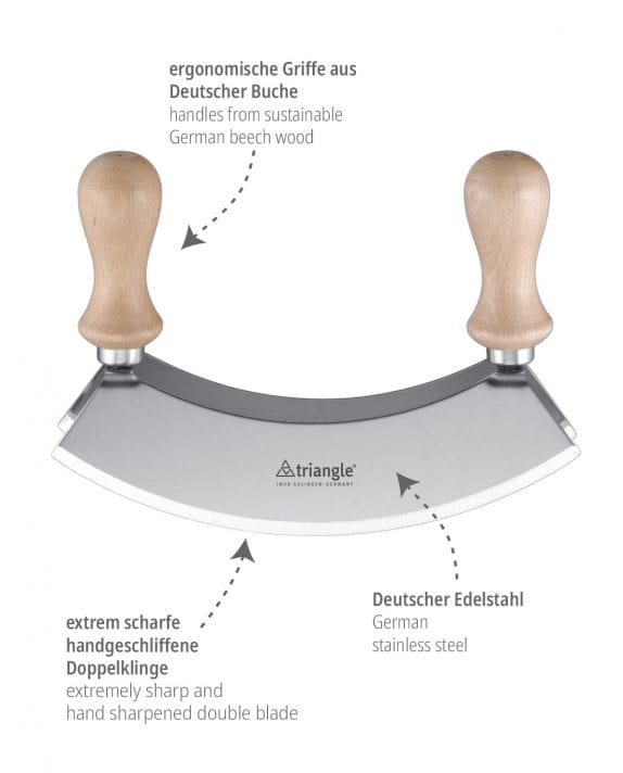 triangle Wiegemesser zweischneidig mit Holzgriff aus Buche und 18 17,5 cm Klinge mittel mittelgroß Holzgriff zweischneidig doppelt zwei Klingen handgemacht Made in Germany Solingen Holzgriffe Kräutermesser Pizzamesser Kräuter Nüsse schneiden hacken kaufen