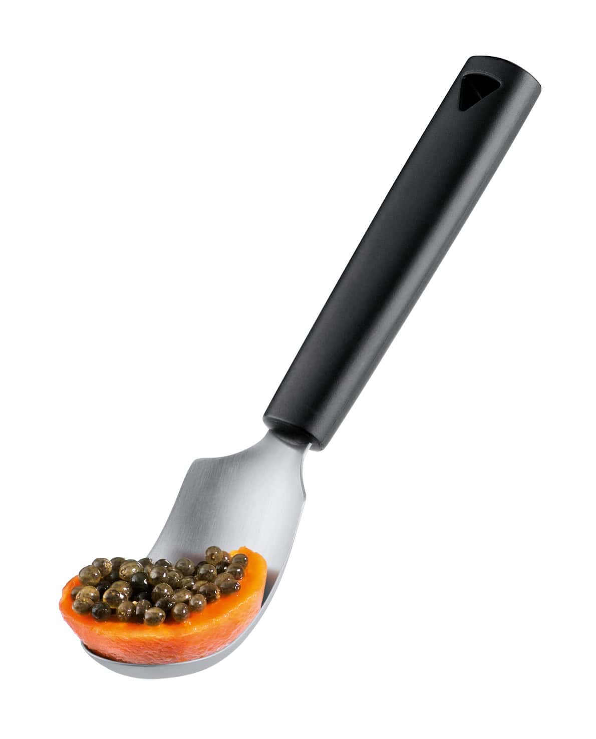 7282060_papaya_v01_web triangle Fruchtlöffel Kürbislöffel Löffel aushöhlen scharfe Kante geschärft Eislöffel Aushöhllöffel Auskratzen Kerne entfernen Eisportionierer Melone Papaya