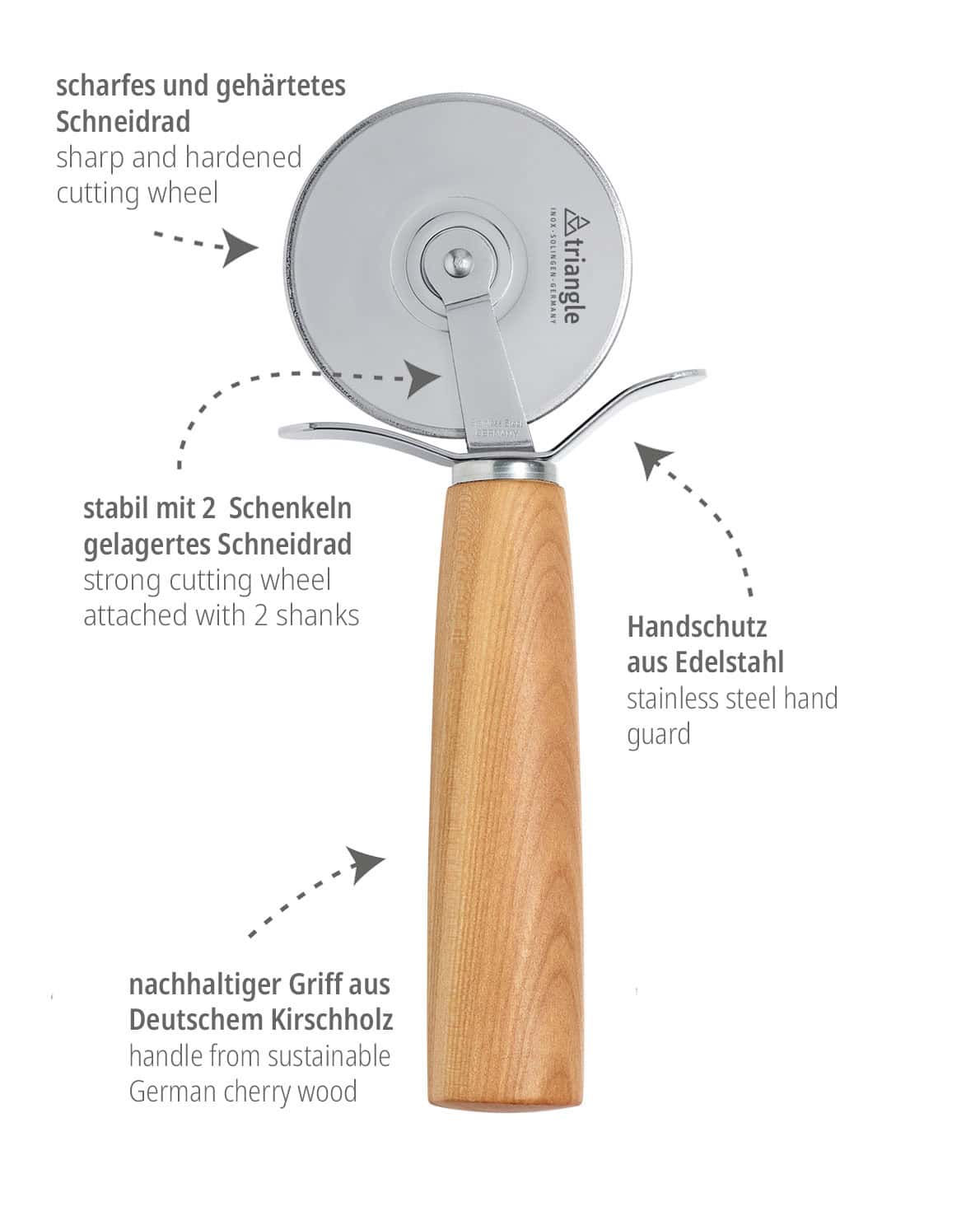 8307507_igel_woo_web triangle Pizzaschneider Mood Pizzaroller Pizzarad mit Kirschbaum Holzgriff Kirschholz Küchenwerkzeug Küchenwerkzeuge Küchenhelfer Made in Germany aus Deutschland Solingen nachhaltig umweltfreundlich