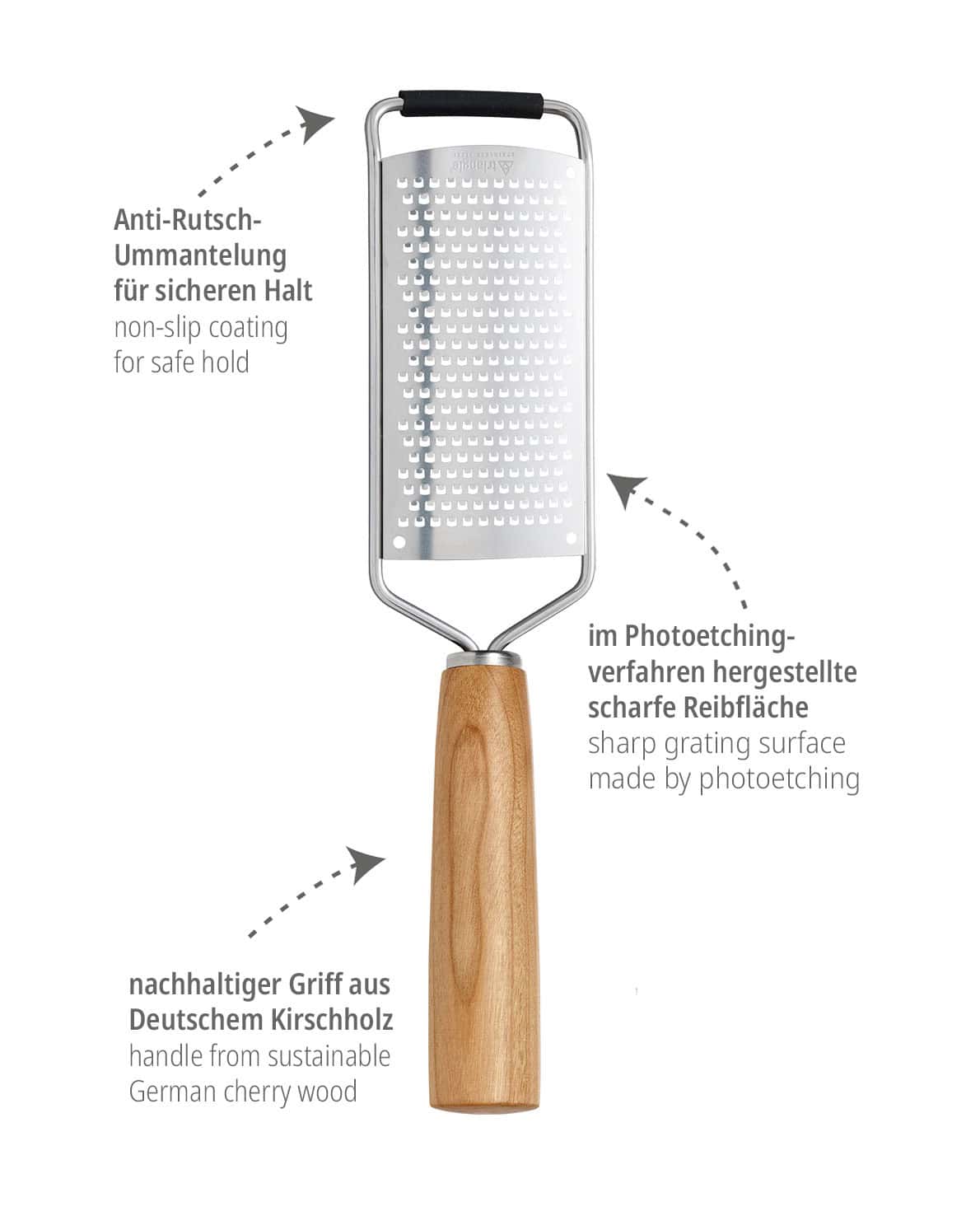 8313510_igel_woo_web triangle Reibe Käsereibe Mood Parmesanreibe mit Kirschbaum Holzgriff Kirschholz Küchenwerkzeug Küchenwerkzeuge Küchenhelfer Made in Germany aus Deutschland Solingen nachhaltig umweltfreundlich Zester Microplane