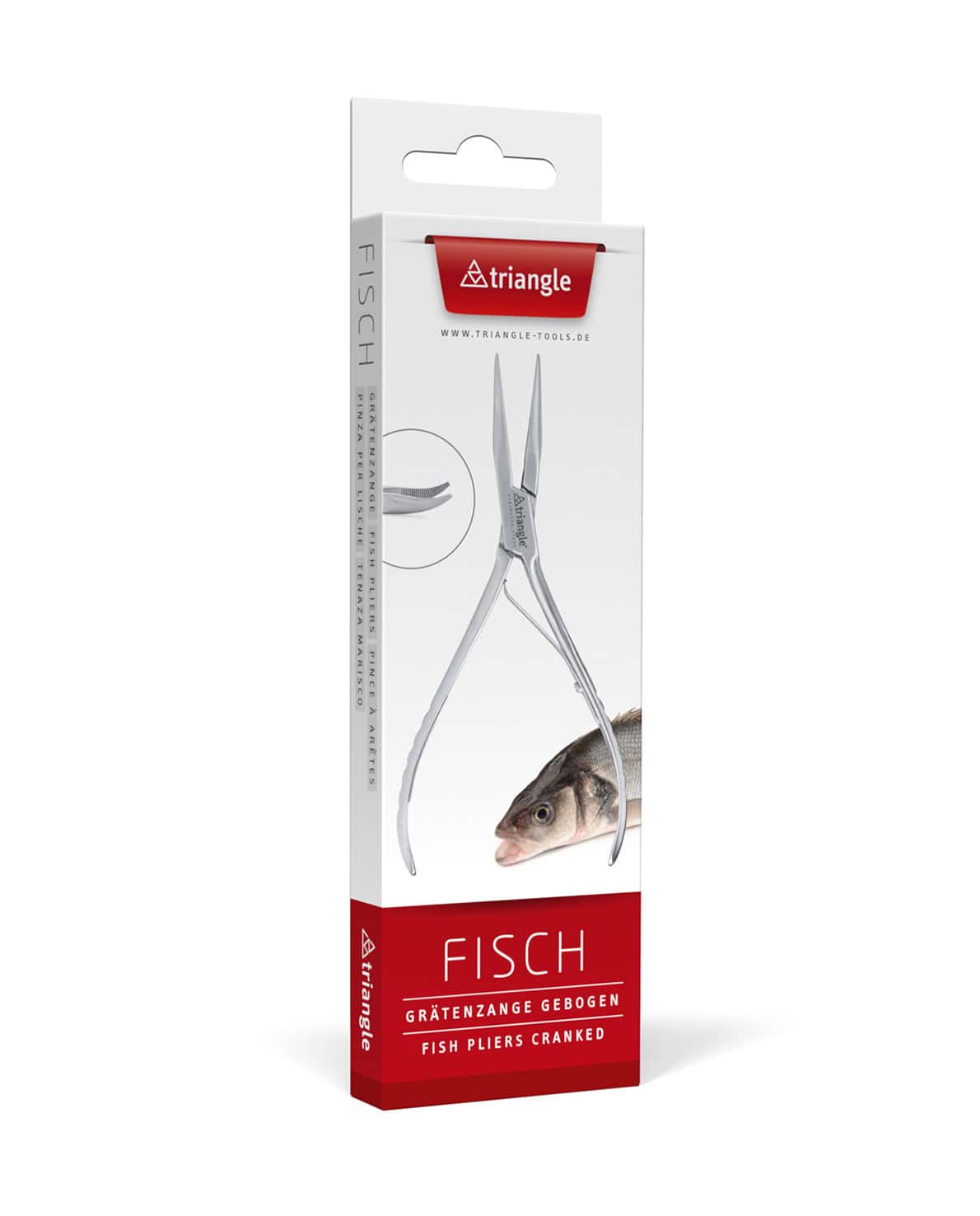 5048916_p01_web triangle Grätenzange mit gebogener Spitze Prätenpinzette Fischgräten Zange Lachszange ergonomisch Restaurant Gastronomie Profi Edelstahl Feder schmale Spitze im Karton SB-Verpackung